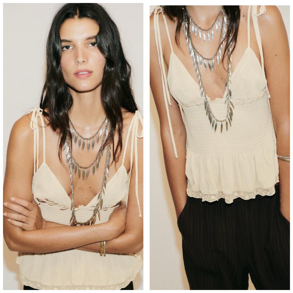NWT Zara Tan Smocked Tie Straps Lace Trim Top Size Medium 0881/010